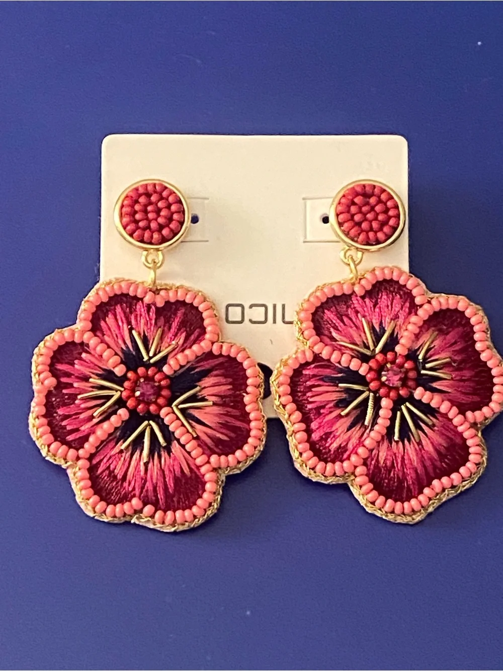 Chico's Pink Floral Embroidered Drop Earrings MSRP $35